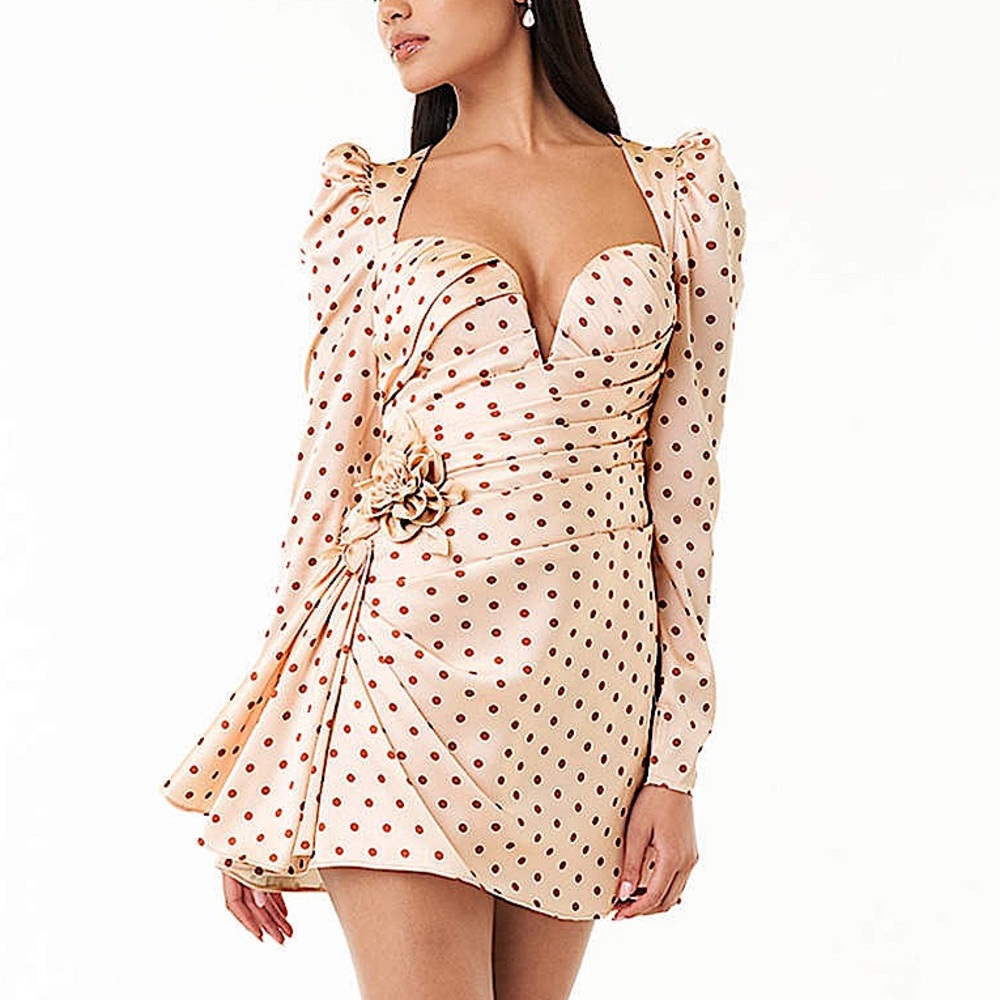 NWT AZAZIE ATELIER, “CYNDI” BLUSH PINK AND COPPER POLKA DOT MINI DRESS